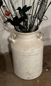 lot 129 image: Vintage White Milk Jug with Metal Yard Stakes