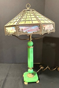 lot 16 image: Vintage Stained Glass Bradley and Hubbard Lamp with Art Deco Base
