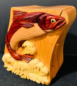 lot 200 image: Unique Salmon Puzzle Box Crafted Beachwood by Jelly Roll Box