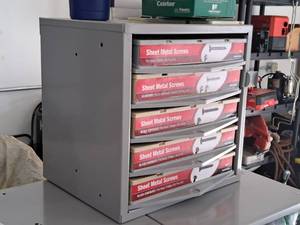lot 59 image: Lot of (1) Hillman MetalPlastic Parts Organizer Storage Cabinet 5-bin with Sheet Metal Screws