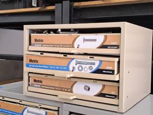 lot 62 image: Lot of (1) Hillman MetalPlastic Parts Organizer Storage Cabinet 3-bin with Metric Hardware - Stainless Socket Cap Screws, Hex Cap ScrewsNutWasher, Stainless Socket Head Set Screws