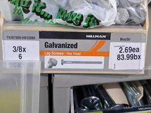 lot 88 image: Lot of (50) Hillman Galvanized Lag Screws 38x6  Hex Head #H812080