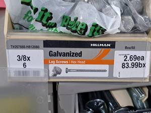 lot 89 image: Lot of (55) Hillman Galvanized Lag Screws 38x6  Hex Head #H812080