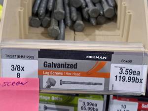 lot 94 image: Lot of (34) Hillman Galvanized Lag Screws 38x8  Hex Head #H812082