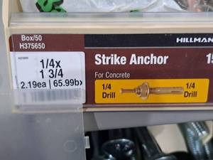 lot 99 image: Lot of (50) Hillman Concrete Strike Anchors 14x1-34 #H375650
