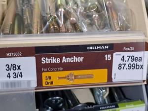 lot 105 image: Lot of (36) Hillman Concrete Strike Anchors 38x4-34 #H375682