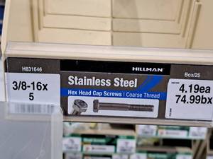 lot 209 image: Lot of (14) Hillman Stainless Steel Cap Screws 38-16x5  Hex Head  Coarse Thread #H831646