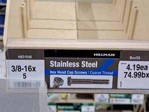 lot 210 image: Lot of (25) Hillman Stainless Steel Cap Screws 38-16x5  Hex Head  Coarse Thread #H831646