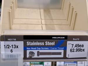 lot 212 image: Lot of (10) Hillman Stainless Steel Cap Screws 12-13x6  Hex Head  Coarse Thread #H831748
