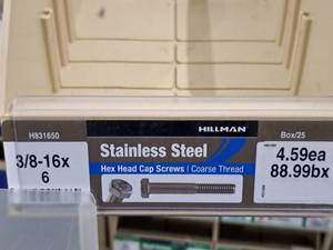 lot 213 image: Lot of (35) Hillman Stainless Steel Cap Screws 38-16x6  Hex Head  Coarse Thread #H831650