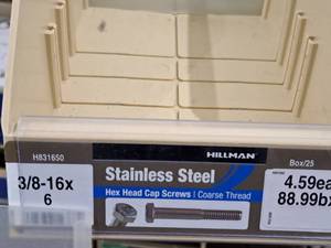 lot 214 image: Lot of (25) Hillman Stainless Steel Cap Screws 38-16x6  Hex Head  Coarse Thread #H831650
