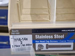 lot 216 image: Lot of (45) Hillman Stainless Steel Cap Screws 716-14x2  Hex Head  Coarse Thread #H831680