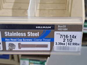 lot 217 image: Lot of (30) Hillman Stainless Steel Cap Screws 716-14x2-12  Hex Head  Coarse Thread #H831684