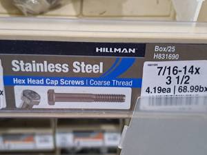lot 220 image: Lot of (10) Hillman Stainless Steel Cap Screws 716-14x3-12  Hex Head  Coarse Thread #H831690