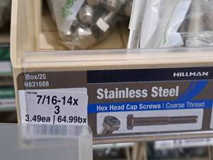 lot 218 image: Lot of (25) Hillman Stainless Steel Cap Screws 716-14x3  Hex Head  Coarse Thread #H831688
