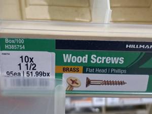 lot 221 image: Lot of (200) Hillman Brass Wood Screws 10x1-12  Flat Head  Phillips #H385754
