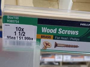 lot 222 image: Lot of (200) Hillman Brass Wood Screws 10x1-12  Flat Head  Phillips #H385754