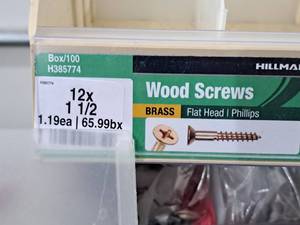lot 234 image: Lot of (90) Hillman Brass Wood Screws 12x1-12  Flat Head  Phillips #H385774