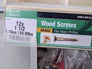 lot 234A image: Lot of (100) Hillman Brass Wood Screws 12x1-12  Flat Head  Phillips #H385774