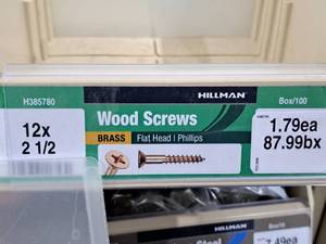 lot 238 image: Lot of (100) Hillman Brass Wood Screws 12x2-12  Flat Head  Phillips Drive #H385780