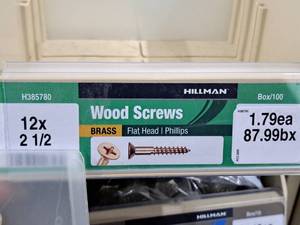 lot 239 image: Lot of (100) Hillman Brass Wood Screws 12x2-12  Flat Head  Phillips Drive #H385780