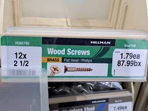 lot 241 image: Lot of (100) Hillman Brass Wood Screws 12x2-12  Flat Head  Phillips Drive #H385780