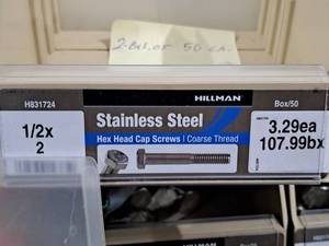 lot 254 image: Lot of (50) Hillman Stainless Steel Cap Screws 12x2  Hex Head  Coarse Thread #H831724