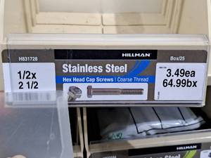 lot 256 image: Lot of (24) Hillman Stainless Steel Cap Screws 12x2-12  Hex Head  Coarse Thread #H831728