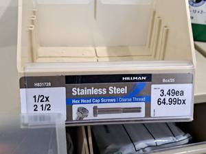 lot 257 image: Lot of (25) Hillman Stainless Steel Cap Screws 12x2-12  Hex Head  Coarse Thread #H831728