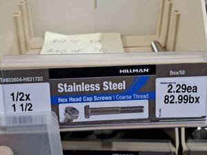 lot 258 image: Lot of (36) Hillman Stainless Steel Cap Screws 12x1-12  Hex Head  Coarse Thread #H831720