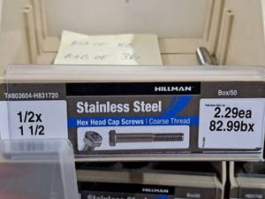lot 259 image: Lot of (50) Hillman Stainless Steel Cap Screws 12x1-12  Hex Head  Coarse Thread #H831720