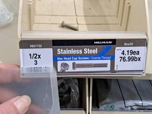 lot 260 image: Lot of (15) Hillman Stainless Steel Cap Screws 12x3  Hex Head  Coarse Thread #H831732