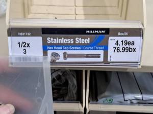 lot 261 image: Lot of (25) Hillman Stainless Steel Cap Screws 12x3  Hex Head  Coarse Thread #H831732