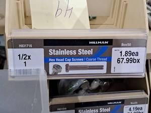 lot 262 image: Lot of (49) Hillman Stainless Steel Cap Screws 12x1  Hex Head  Coarse Thread #H831716