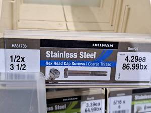 lot 264 image: Lot of (25) Hillman Stainless Steel Cap Screws 12x3-12  Hex Head  Coarse Thread #H831736