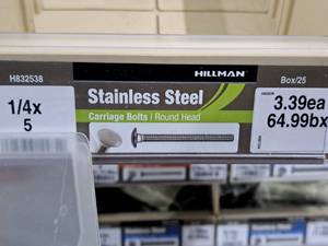 lot 266 image: Lot of (33) Hillman Stainless Steel Carriage Bolts 14x5  Round Head #H832538