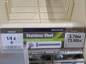 lot 268 image: Lot of (16) Hillman Stainless Steel Carriage Bolts 14x6  Round Head #H832542