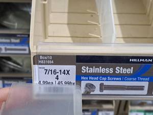 lot 275 image: Lot of (12) Hillman Stainless Steel Cap Screws 716-14x4  Hex Head  Coarse Thread #H831694