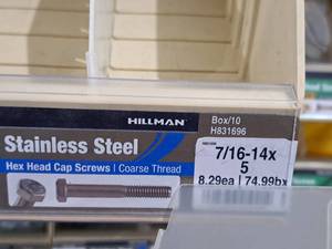 lot 276 image: Lot of (17) Hillman Stainless Steel Cap Screws 716-14x5  Hex Head  Coarse Thread #H831696