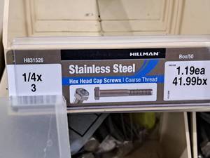 lot 277 image: Lot of (17) Hillman Stainless Steel Cap Screws 14x3  Hex Head  Coarse Thread #H831526