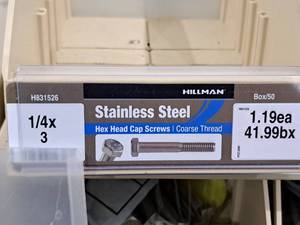 lot 278 image: Lot of (100) Hillman Stainless Steel Cap Screws 14x3  Hex Head  Coarse Thread #H831526