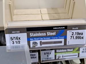 lot 279 image: Lot of (33) Hillman Stainless Steel Cap Screws 516x3-12  Hex Head  Coarse Thread #H831582