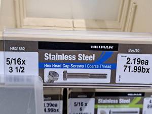 lot 280 image: Lot of (50) Hillman Stainless Steel Cap Screws 516x3-12  Hex Head  Coarse Thread #H831582