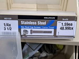 lot 281 image: Lot of (39) Hillman Stainless Steel Cap Screws 14x3-12  Hex Head  Coarse Thread #H831530