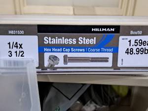 lot 282 image: Lot of (50) Hillman Stainless Steel Cap Screws 14x3-12  Hex Head  Coarse Thread #H831530