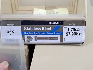 lot 285 image: Lot of (25) Hillman Stainless Steel Cap Screws 14x4  Hex Head  Coarse Thread #H831534