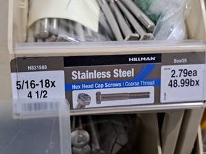 lot 286 image: Lot of (31) Hillman Stainless Steel Cap Screws 516-18x4-12  Hex Head  Coarse Thread #H831588
