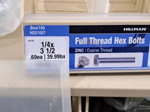lot 287 image: Lot of (50) Hillman Zinc Full Thread Bolts 14x3-12  Hex Head  Coarse Thread #H221007