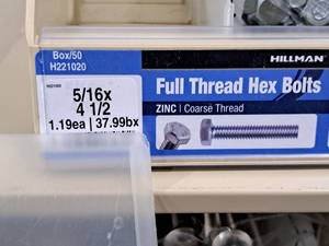 lot 291 image: Lot of (50) Hillman Zinc Full Thread Bolts 516x4-12  Hex Head  Coarse Thread #H221020