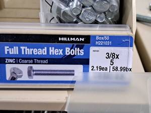 lot 292 image: Lot of (68) Hillman Zinc Full Thread Bolts 38x5  Hex Head  Coarse Thread #H221031